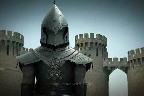 Medieval knight in dark, ornate armor and helmet stands before a large stone castle with turrets and arched gateway.