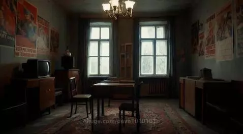Dimly lit Soviet-era room with green-grey walls, vintage propaganda posters, wooden furniture, and diffused light from windows.