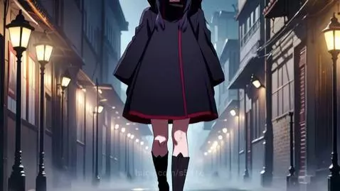 Anime girl with black hair and glowing violet eyes in a dark cloak walks through a foggy alley at night.