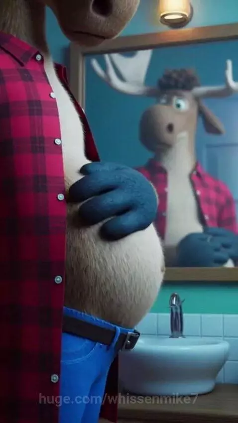 Anthropomorphic moose with a very large belly straining his shirt, looking uncomfortable in bed.