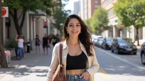 Woman gasps in surprise as a large animated cat falls from the sky behind her on a sidewalk.