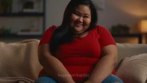 Overweight Filipina woman with a chubby face sits on a couch, smiling lovingly, then smirking.