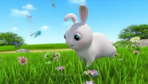 Cute 3D animated white rabbit with blue eyes jumping in a sunny meadow with colorful flowers and butterflies.