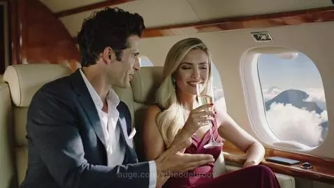 A well-dressed couple smiles and enjoys champagne in the luxurious cabin of a private jet flying above the clouds.