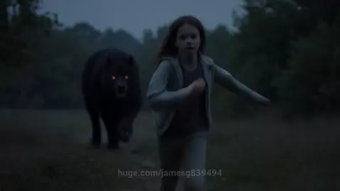 Young girl running on a dirt path from a dark, beast-like animal with glowing orange eyes in a misty forest.