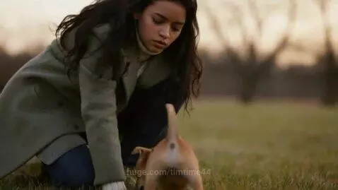 Woman in green coat kneeling in a field at dusk, looking at a small brown dog with a wagging tail.
