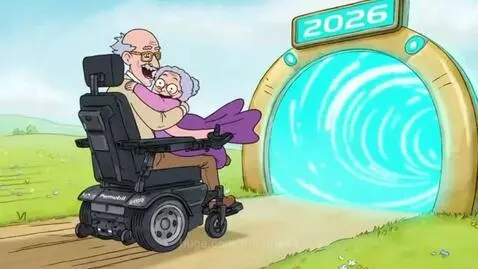Elderly couple smiling and holding on tight as they race in an electric wheelchair towards a glowing '2026' portal.
