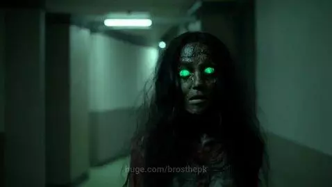Zombie Desi college girl with tangled black hair and glowing green eyes in a dark, foggy corridor.