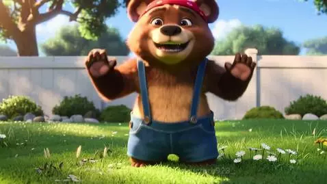 Animated brown bear in blue overalls jumping in a green backyard, offered a toy by a woman.