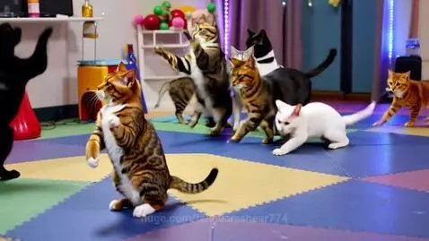 Various cats dancing on hind legs in a brightly lit room with colorful mats and festive decorations.