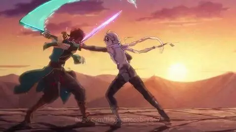 Two anime characters fighting with glowing swords at sunset with mountains in the background.
