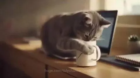 Grey tabby cat on a desk batting a white mug, about to push it off.