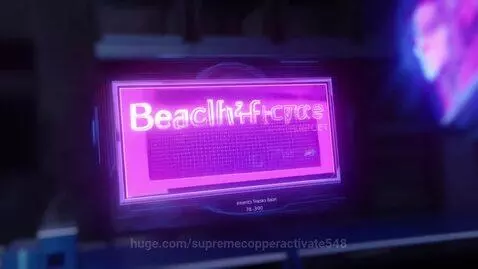 A glowing magenta and cyan rectangular holographic interface displaying abstract digital data and text in a dark room.