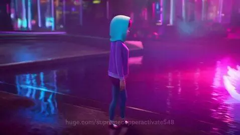 Young woman in purple hoodie by a neon city pond with a glowing swan.