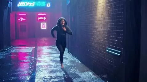 Hooded woman running in a neon-lit, rainy alley, pursued by a silhouette.