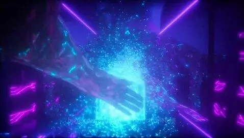 Protagonist's hand on glowing cube, dissolving into a neon data tunnel with pulsing cyan, violet, and emerald lights.