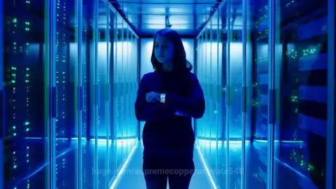 Teenage girl in a futuristic VR server room with neon blue walls, facing a red warning symbol after a holographic glitch.