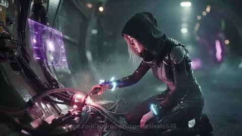 Cyberpunk woman with hood up, kneeling and hacking glowing cables in a dark, futuristic tunnel with neon lights.