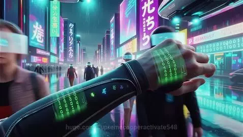 First-person view of a rainy cyberpunk city street at night, with neon lights and holographic displays on the user's arm.