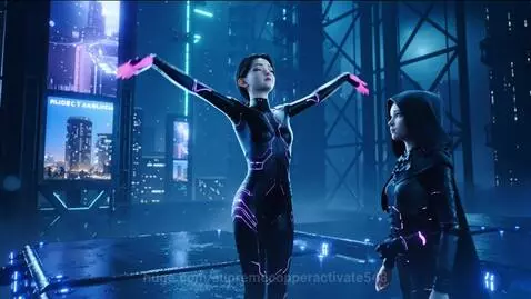 Futuristic nightclub scene with a glowing AI dancer and a hooded observer, bathed in neon cyan and violet light.