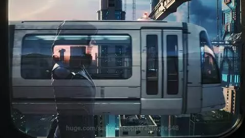 Young woman in hooded jacket reflected in monorail window overlooking a futuristic cyberpunk city at sunrise.