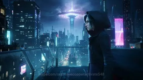 Young woman in hooded coat on a transparent bridge overlooking a neon-lit cyberpunk city at night.