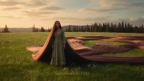 Woman with extremely long brown hair flowing behind her in a green field, wearing a green dress.