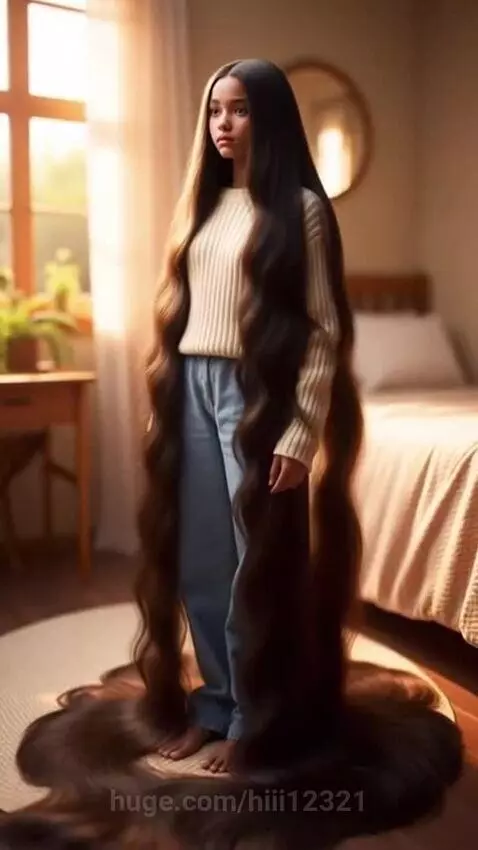 Young girl with extremely long, dark, wavy hair cascading down to the floor.