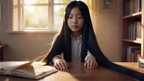 Young Asian girl with exceptionally long, straight black hair sitting at a desk, hair flowing across the surface.