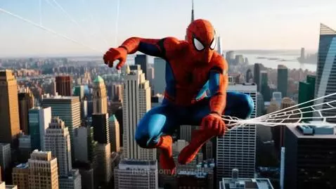 Spider-Man in red and blue suit mid-air, web-swinging across the New York City skyline with skyscrapers visible.