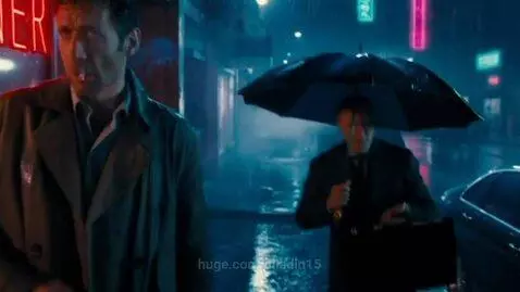 Jax Riley in a trench coat under a diner awning, facing a man with a briefcase of cash in a neon-lit, rainy city.