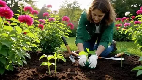 Gardener in gloves planting seedlings in rich soil, surrounded by pink and white flowers and green foliage.