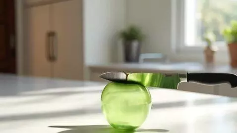 Silver chef's knife slicing a transparent green apple on a white kitchen counter.
