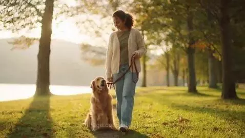 Woman with curly hair walking a golden retriever on a leash in a sunny park with trees and water.