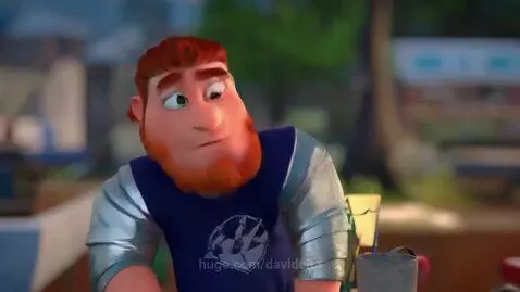 Animated character with red hair and beard sneezes into a tissue, looking disgusted.