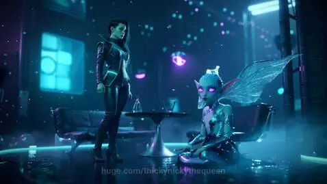 Cyberpunk scene with a woman in a black suit and a fairy-like creature with glowing eyes and wings in a neon-lit club.