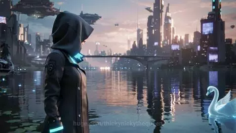 Hooded figure by water at sunset, reflecting a futuristic cyberpunk city with holographic swans.