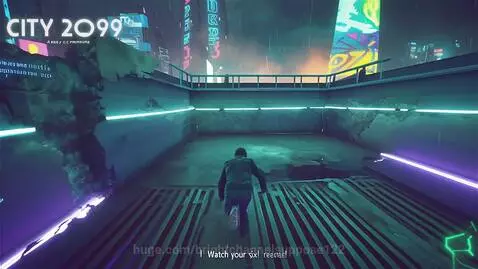 First-person view of parkour across a neon cyberpunk city rooftop at night, with rain and holographic billboards.
