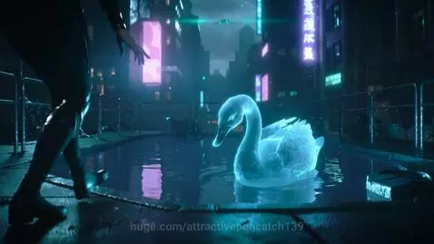 Cyberpunk city at night, a person touches a glowing swan of light in a pond.