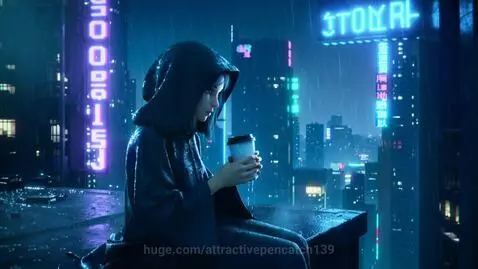 Hooded girl sitting on a futuristic cyberpunk rooftop at midnight, holding a coffee cup, with neon city lights reflecting in her eyes.