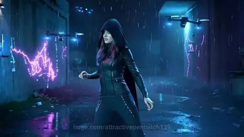 Young woman in hooded jacket slow dancing in a dark, rainy cyberpunk alley with neon reflections and drones overhead.