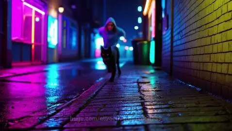 Rainy cyberpunk alley at night, neon lights reflecting on wet pavement, hooded figure running.