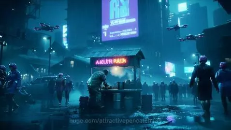 Photorealistic cyberpunk city street at night, with neon lights reflecting on wet asphalt and crowds.