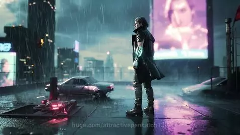 Futuristic cyberpunk city at night with neon lights, rain, and a person on a rooftop.