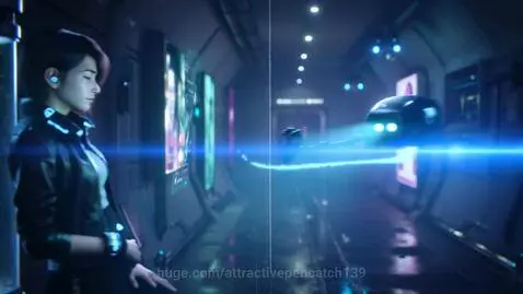 Cyberpunk woman with short dark hair leaning against a glowing blue column in a neon-lit corridor, interacting with a hologram.