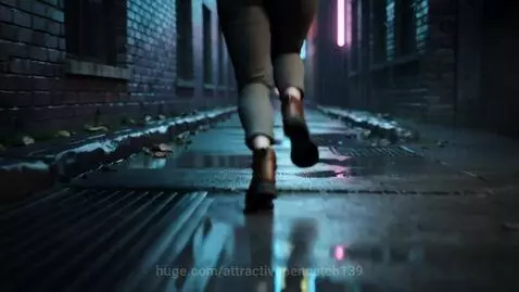 Young woman in a hooded jacket running through a wet, neon-lit alley at night, reflecting in puddles.