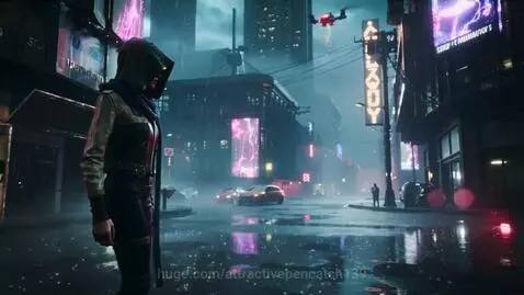 Futuristic cyberpunk city street at night with neon lights reflecting on wet asphalt, a hooded figure stands.