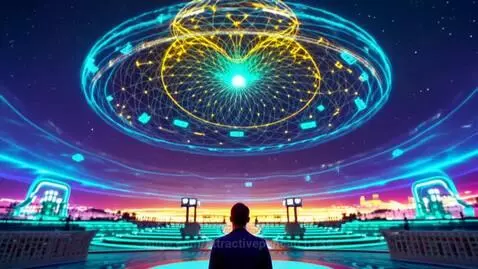 Protagonist in glowing VR plaza looks up as colossal fractal dome of 'The Net' opens above NeuroCity.