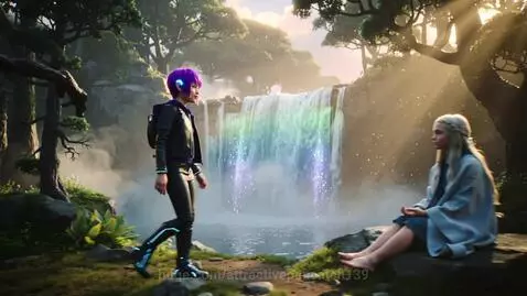 Two cyberpunk girls in a vibrant forest with a rainbow waterfall of code data. One girl has purple hair, the other silver.