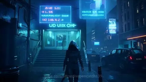 Hooded woman walks towards a glowing 'NEUROLINK LINE' metro entrance on a rainy cyberpunk street at night.